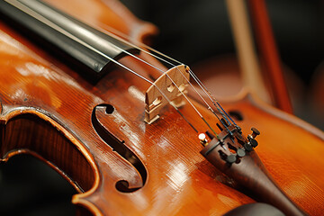 Fototapeta premium Close up of a violin showcasing strings fingerboard and beautiful craftsmanship in natural light