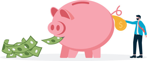 Saving money concept. piggy bank with coins, man holding coin. vector illustration

