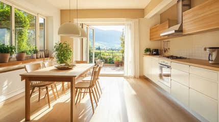 Fototapeta premium Modern open space kitchen and dining room overlooking balcony and valley