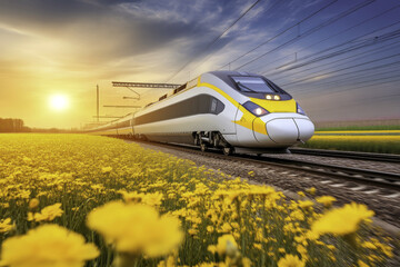 A train is traveling down a track next to a field of yellow flowers