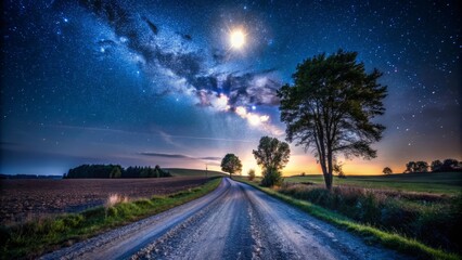 Captivating Night Photography of a Gravel Road Perspective Under a Starry Sky, Illuminated by Moonlight and Surrounded by Lush Trees, Ideal for Nature and Landscape Enthusiasts