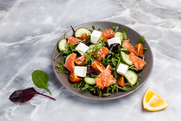 Salad with salmon, white cheese and vegetables on the plate with ingredients.