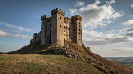 Here's a possible  and keyword list for your image... Majestic medieval castle ruin atop a hill under a partly cloudy sky.