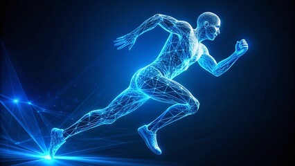 Fototapeta premium Blue Glowing Wireframe Athlete Running in Low Light, Digital Concept for Sport Training and Exercise Health Care, Fitness Activity in Technology Generative AI Style