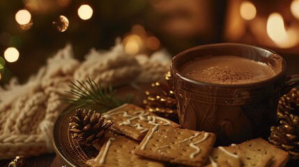 Tumbler of warm chocolate with graham crackers in the mood of yuletide