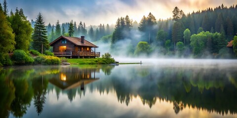 Obraz premium Blurred Image of Educational Lodge at Misty Lake Surrounded by Lush Greenery and Soft Fog, Capturing Tranquil Nature in a Serene and Inviting Atmosphere