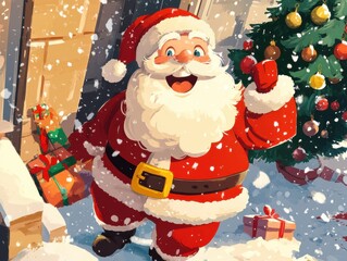 A cartoon-style depiction of Santa Claus on Christmas Day, with his signature red suit and fluffy white beard. Santa is joyfully delivering presents, his eyes twinkling with cheer. 