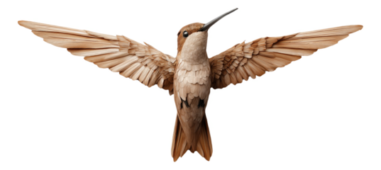 Wooden sculpture of a hummingbird with wings spread