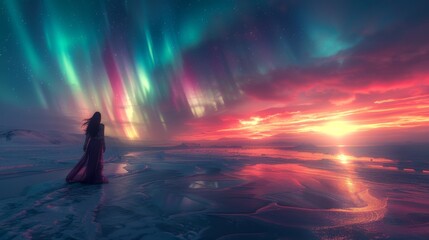 Fototapeta premium Winter season. A woman in a flowing ethereal gown, her movements mirroring the mesmerizing dance of the aurora borealis, amidst a breathtaking winter landscape. 