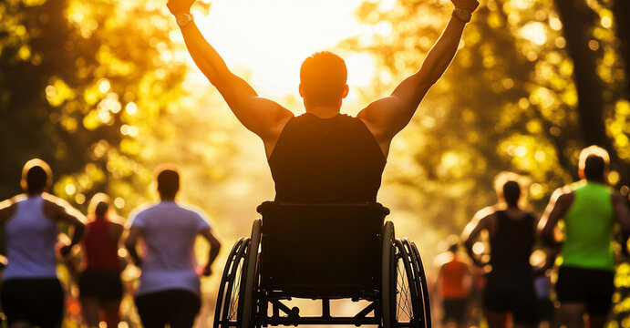 wheelchair race winner celebrates triumphantly with arms raised in sunlit park, surrounded by fellow runners. scene captures spirit of determination and victory - Powered by Adobe