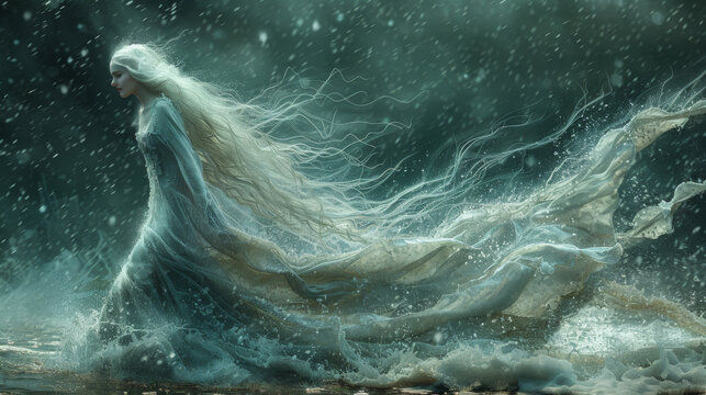 Winter season. The Legendary Winter Creatures . A selkie emerging from the ocean's depths, its shimmering seal skin transforming into a human form as it steps onto the shore.