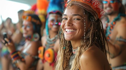Rio Carnival . Spectators watch from the sidelines, some dancing along to the music, others taking photos or videos.