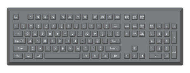 Black keyboard with letters and numpad in minimalist voluminous style. Illustration of keyboard in simple modern style.