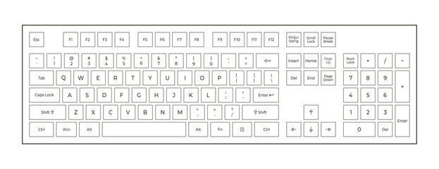 Flat outline keyboard with letters and numpad in minimalistic style.