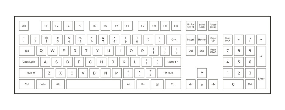 Flat outline keyboard with letters and numpad in minimalistic style.