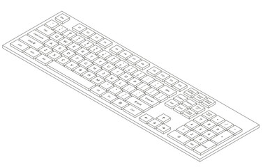 Outline isometric keyboard with letters and numpad in minimalistic volumetric style