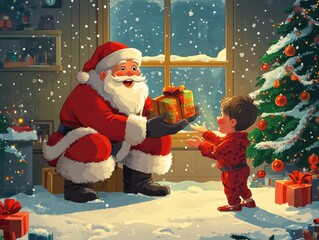 A cheerful cartoon-style scene of Santa Claus on Christmas Day, kneeling beside an excited child, handing them a beautifully wrapped gift. 
