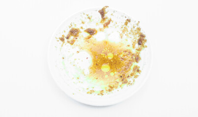 Empty Dirty Plate after Eating. Remaining Oil Stain and Smeared Sauce on White Plate Background Top View