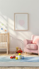 Mock up poster, wall in children bedroom interior background, Scandinavian style, 3D render