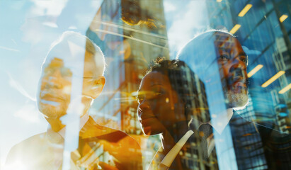 Businesswoman City View	Double exposure of a businesswoman and a cityscape.