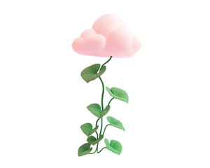 Whimsical plant with a pink cloud and green leaves, isolated on white background.