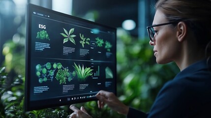 Professional examining digital interface displaying environmental data and social governance metrics amidst greenery in a modern workspace