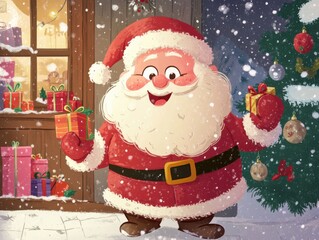 A cartoon-style depiction of Santa Claus on Christmas Day, with his signature red suit and fluffy white beard. Santa is joyfully delivering presents, his eyes twinkling with cheer. 