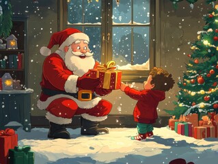 A cheerful cartoon-style scene of Santa Claus on Christmas Day, kneeling beside an excited child, handing them a beautifully wrapped gift. 