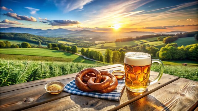 Breathtaking Drone Photography of Bavarian Beer Mug and Pretzel in Scenic Outdoor Setting with Traditional Accents, Perfect for Food and Beverage Enthusiasts