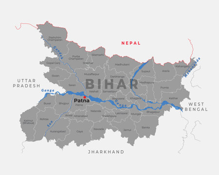 District and River map of Bihar with neighbour state and country