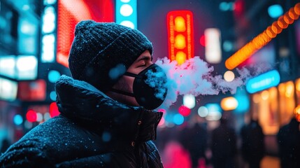 A commuter taking a deep breath through a mask