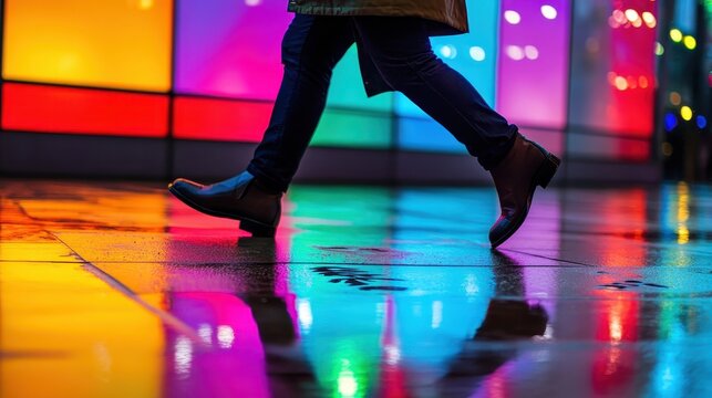 A person walking on a vibrant, reflective sidewalk under colorful lights at night.
