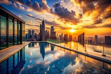 Fototapeta premium Breathtaking Infinity Pool Overlooking a Vibrant City Skyline at Sunset with Silhouettes of Skyscrapers and a Colorful Sky Reflected in the Water's Surface