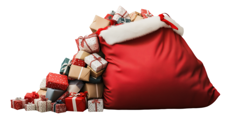 PNG Santa's sack filled with various wrapped gifts