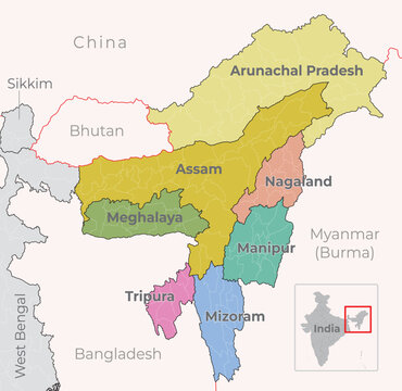 Northeast Indian state map, labelled illustration