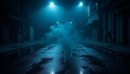 Mysterious foggy urban street at night with blue lighting and reflective wet pavement for moody atmosphere