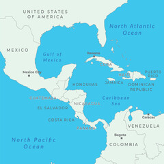 Middle America map with borders and labeling. Countries of southern North America, Central America.