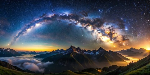 Fototapeta premium Breathtaking Panoramic View of the Night Sky Filled with Stars over the Majestic European Alps, Showcasing the Universe's Beauty and Serenity Above the Mountain Range