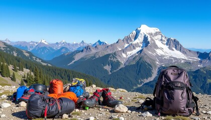 Fototapeta premium Scenic mountain view with trekking gear and backpacks resting on rocky ground during sunny day 