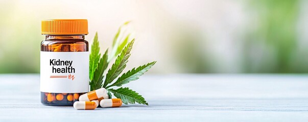 Kidney failure concept. Bottle of kidney health supplements with green leaves on a light background.