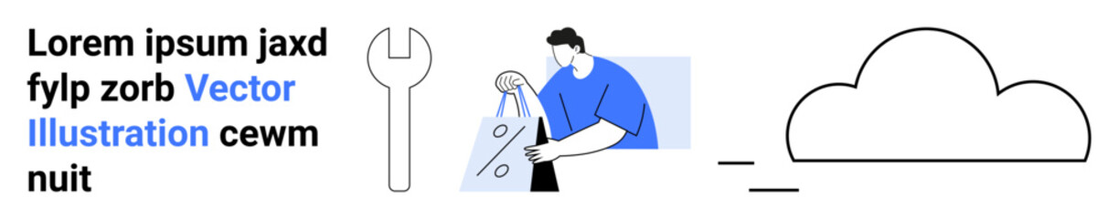 Person drawing geometric shapes on a board with a pen, large wrench, cloud outline, and Lorem Ipsum placeholder text. Ideal for design concepts, technical themes, education, creativity, planning