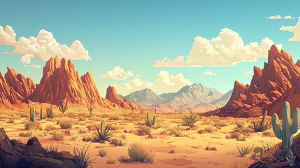 Naklejka premium Desert Landscape with Red Rock Formations and Cacti