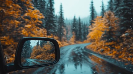 Obraz premium Autumn Road Trip Reflection, Scenic Drive Through Colorful Fall Foliage in Rearview Mirror