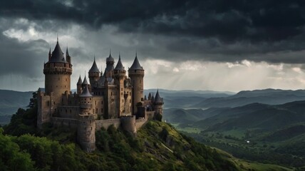 Obraz premium Here's a possible and keyword list for your stock photo.. Majestic medieval castle on hilltop under dramatic storm clouds.