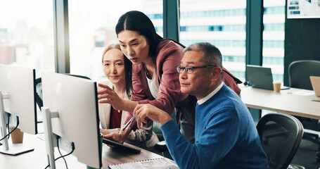 Group, computer and business people in training, coaching or help with mature mentor. Japanese manager, team discussion or collaboration for planning investment project, finance or revenue in office