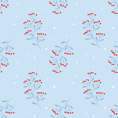 Winter cold pattern with branches and snow, blue twigs with red berries on blue background.