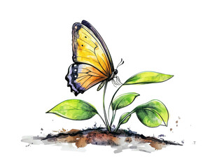 Vibrant butterfly perched on green plant, white isolate background.