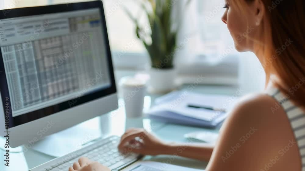 Poster Office worker concentrating on her computer screen while analyzing data in a spreadsheet, working diligently on a project in a bright and modern workspace
