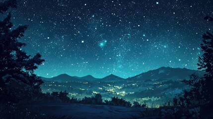 A beautiful night sky with stars shining over a mountain range with a small town lit up below.