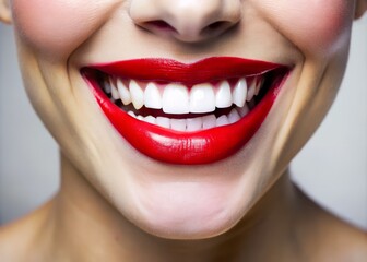 Close-Up of a Happy Female Smile Showcasing Healthy White Teeth and Bright Red Gloss Lips, Highlighting Cosmetology, Dentistry, and Beauty Care in Macro Detail